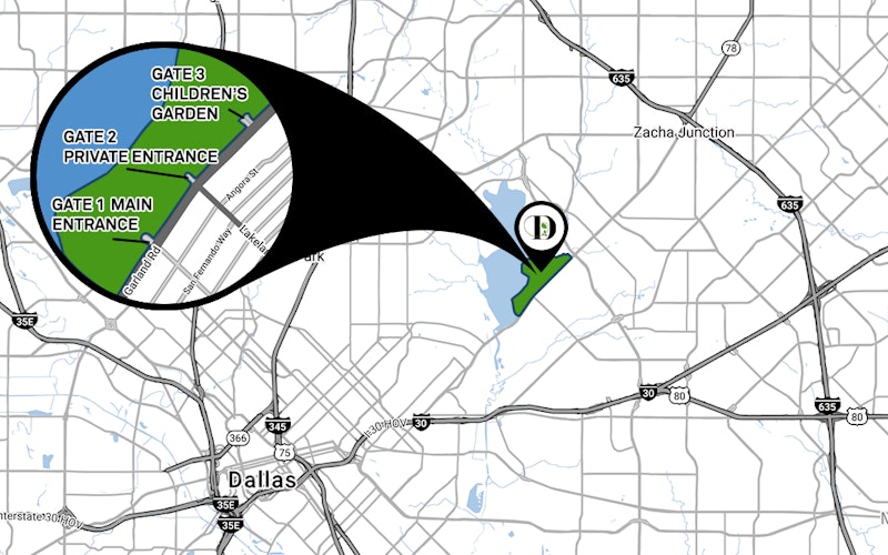 Map of the Arboretum showing it's proximity to the east of Dallas by White Rock Lake. Detail shows the gates